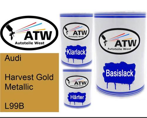 Audi, Harvest Gold Metallic, L99B: 500ml Lackdose + 500ml Klarlack + 250ml Härter - Set, von ATW Autoteile West.